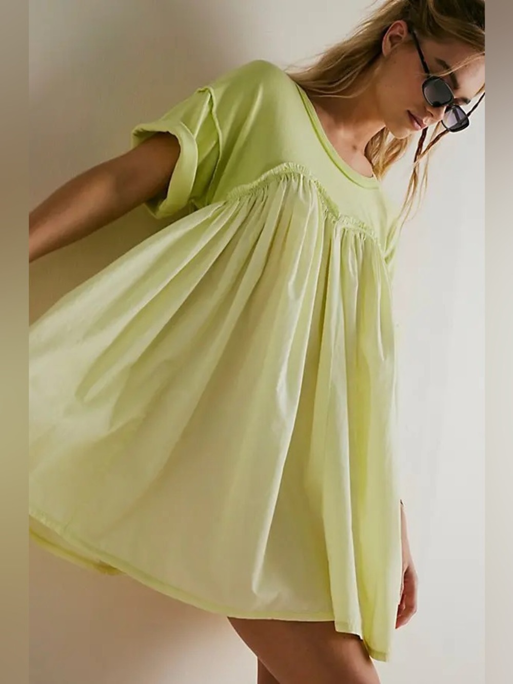 Free People Catalina Mixed Media Chartreuse Lime Babydoll Swing, Dress Size M